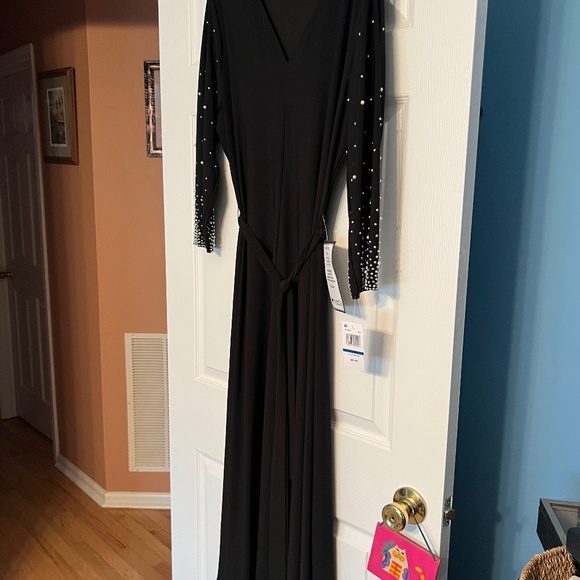 msk dresses black dress with pearls Mac Duggal Embellished Crepe And Tulle Midi Dress main image 0